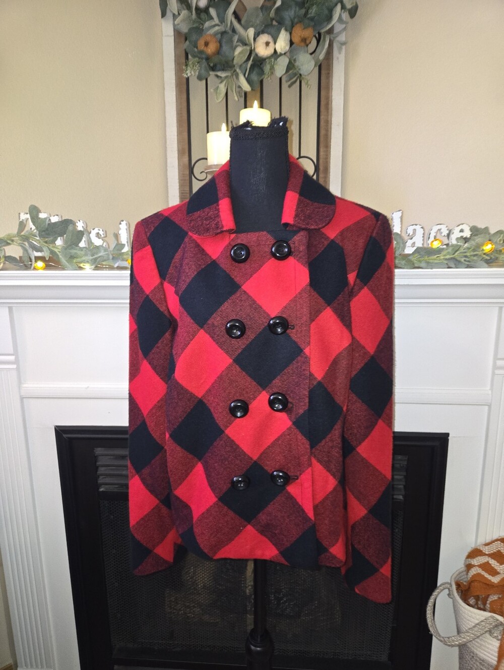 Jones New York Red and Black Plaid Double-Breasted Pea Coat